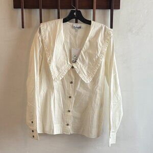 GANNI Cotton Poplin Frill Collar V-neck Shirt